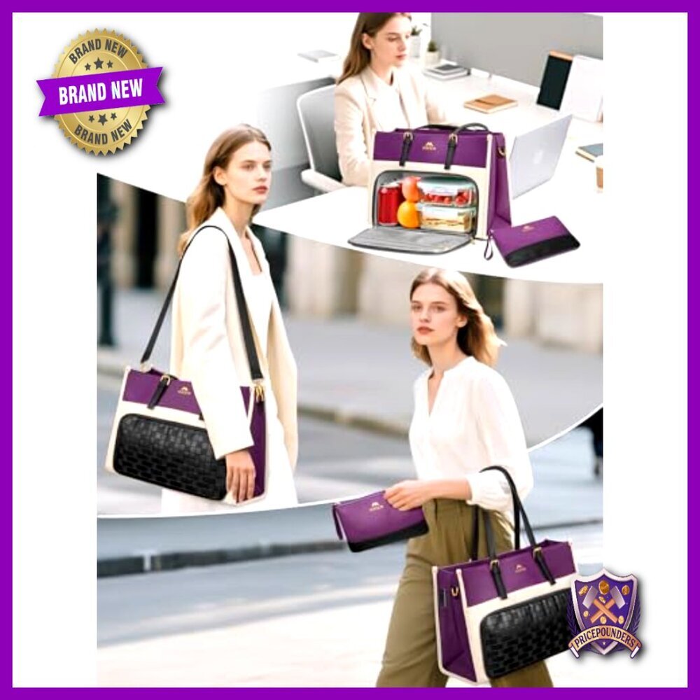 PU Leather Laptop Tote with Insulated Lunch Compartment Professional Work Bag - Picture 2 of 6